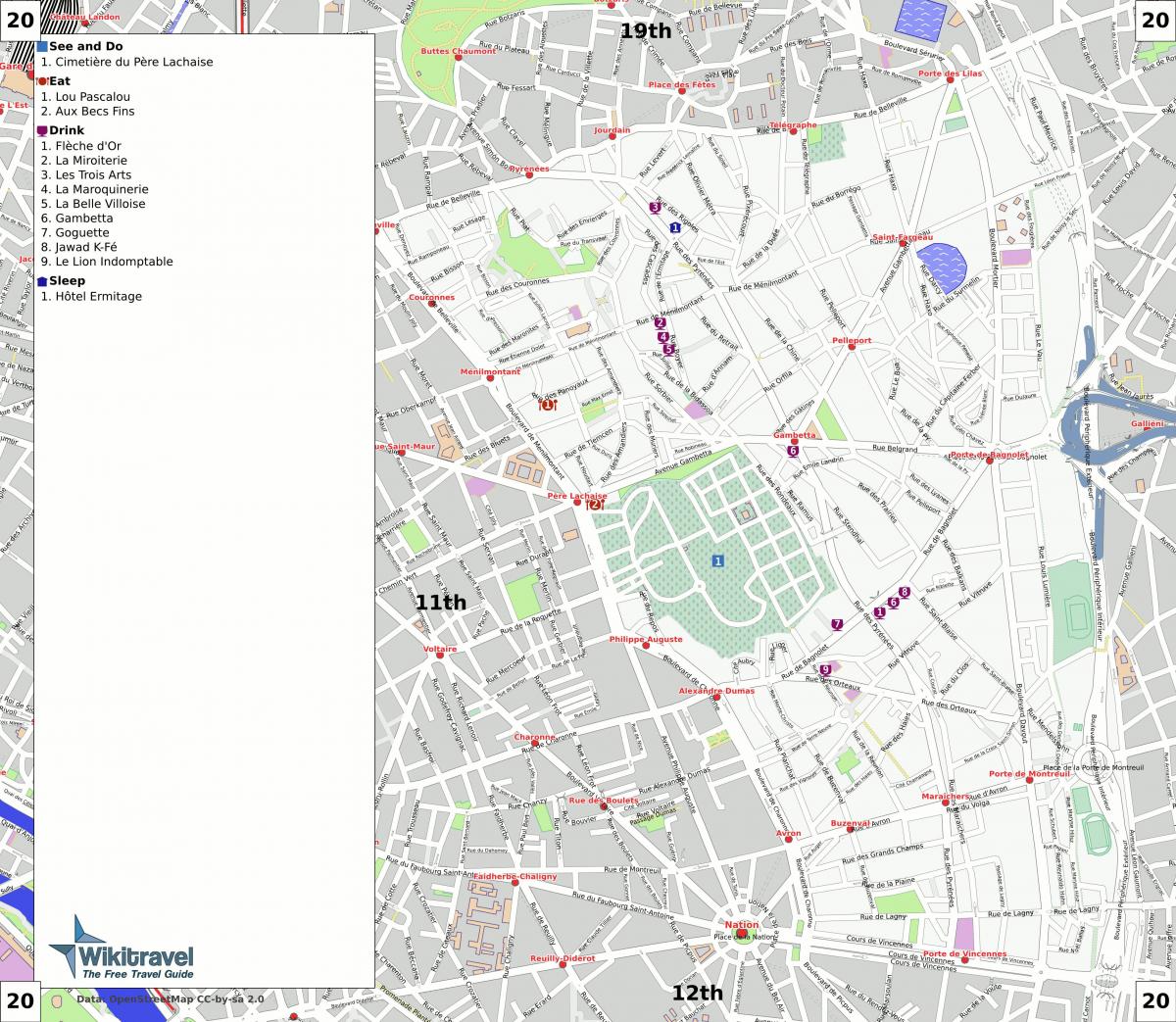 Карта на 20 arrondissement на Париз